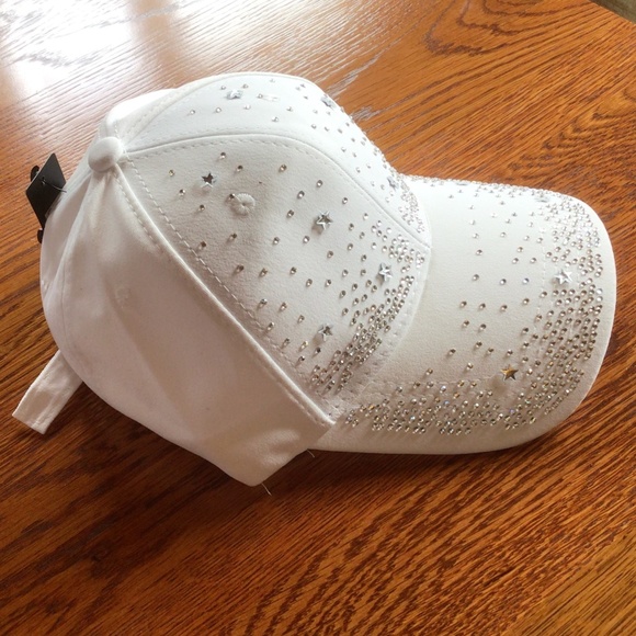 Womens White Rhinestone Star Studded Adjustable Baseball Hat OSFM - Picture 2 of 5
